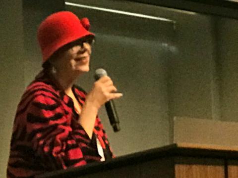 Karen Lewis speaking before a union luncheon.