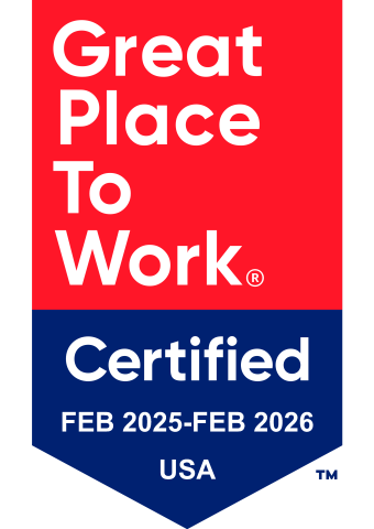 GPTW banner 2025-2026. The banner is red at the top and reads Great Place to Work. The banner is navy blue at the bottom and reads Certified Feb 2025 - Feb 2026 USA