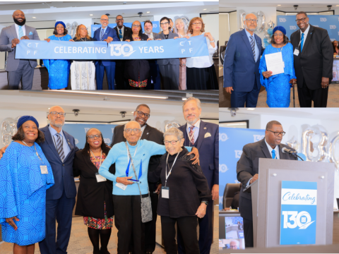 A collage of photos from CTPF's 130th Anniversary Celebration featuring members of the staff and board of Trustees, as well as CTPF members. 