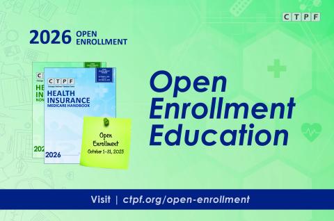 2026 Health Insurance Open Enrollment Education graphic with bold letters, smaller graphics of health insurance handbook