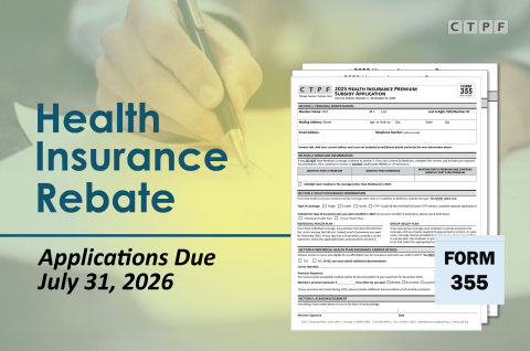 2026 Health Insurance Rebate Reminder Graphic that says Health Insurance Rebate Applications Due July 31, 2026. Featuring an image of someone filling out an application with a yellow tinted overlay. Also includes a picture of Form 355.